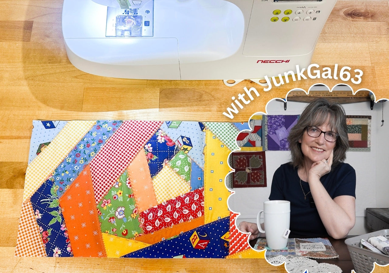 How to Make a Crazy Quilt Block with Fabric Scraps | Free Flip & Stitch Tutorial by JunkGal63 Studio
