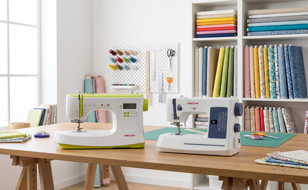Necchi sewing machines with specialty sewing feet for quilting, garments, decorative sewing, and creative sewing projects.