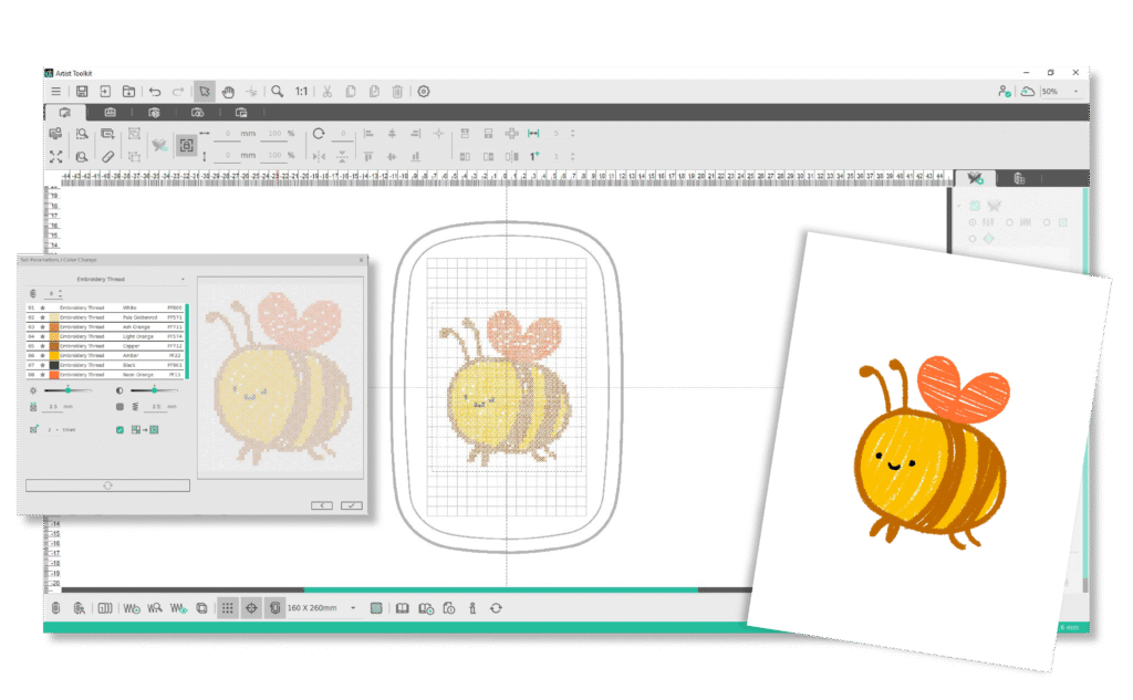 Artist Toolkit photostitch feature with bee drawing embroidery