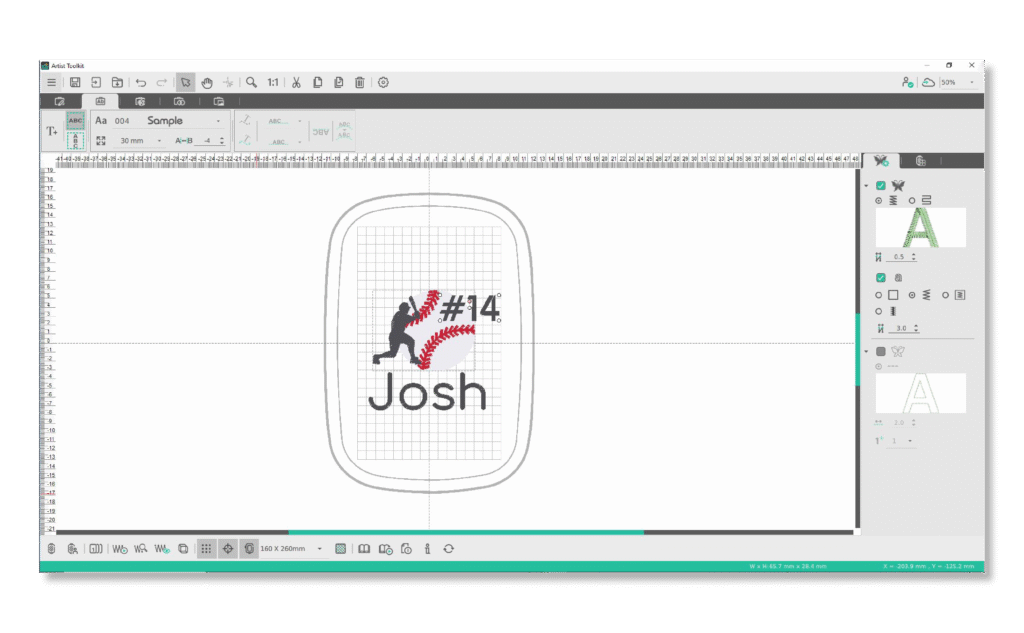 Artist Toolkit Text tool with baseball embroidery design